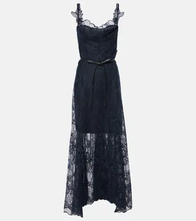 Oscar De La Renta Floral Lace Midi Dress In Blue