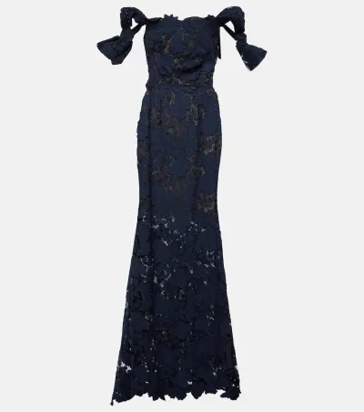 Oscar De La Renta Floral Off-shoulder Guipure Lace Gown In Blue