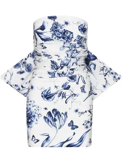 Oscar De La Renta Floral Toile Cotton Draped Dress In Blue