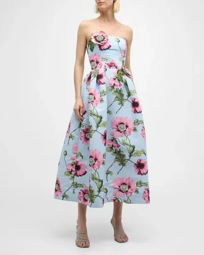 Oscar De La Renta Flower Embroidered Strapless Poppies Faille Midi Dress In Blue Pink