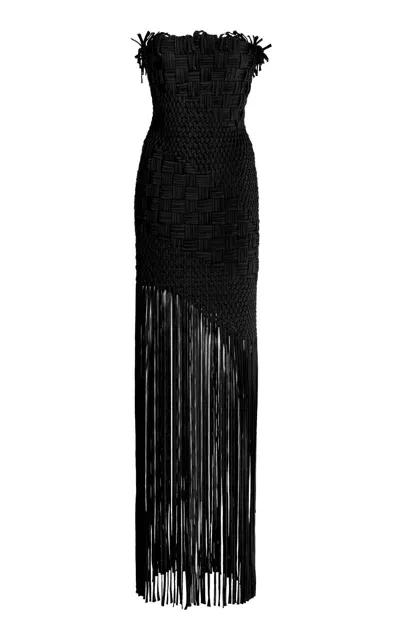 Oscar De La Renta Fringed-hem Crepe Maxi Dress In Black