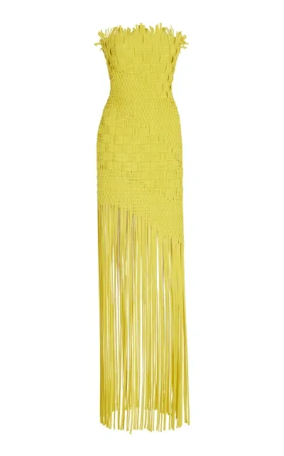 Oscar De La Renta Fringed-hem Crepe Maxi Dress In Yellow