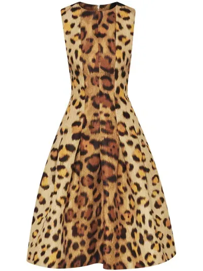 Oscar De La Renta Jaguar-print Pleated Midi Dress In Neutrals