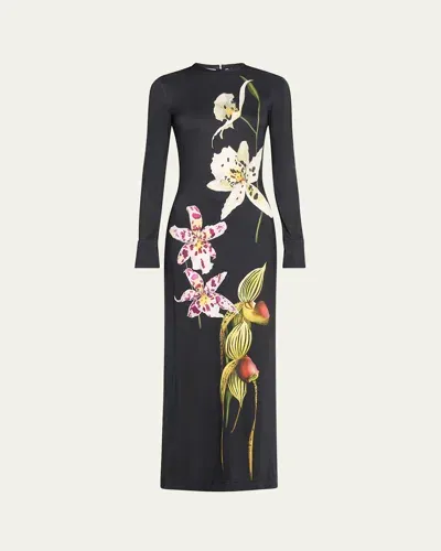 Oscar De La Renta Large Orchid Body-con Maxi Jersey Dress In Navy Multi