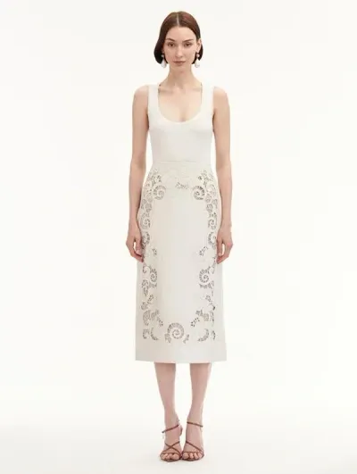 Oscar De La Renta Laser-cut Leather Pencil Midi Skirt In White