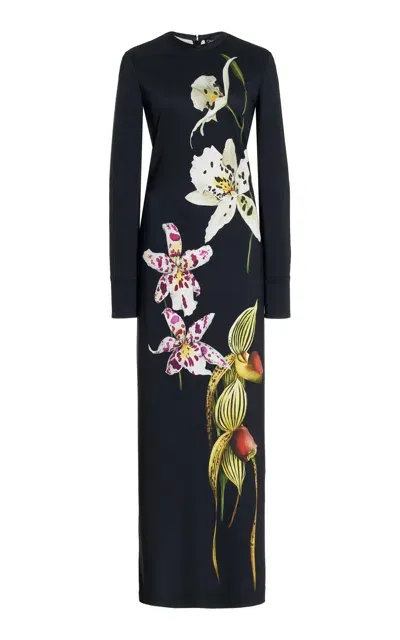 Oscar De La Renta Long Sleeve  Large Orchids Jersey Dress In Navy