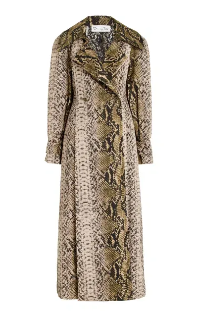 Oscar De La Renta Long Sleeve  Snake Cotton Trench Coat With Slit In Python