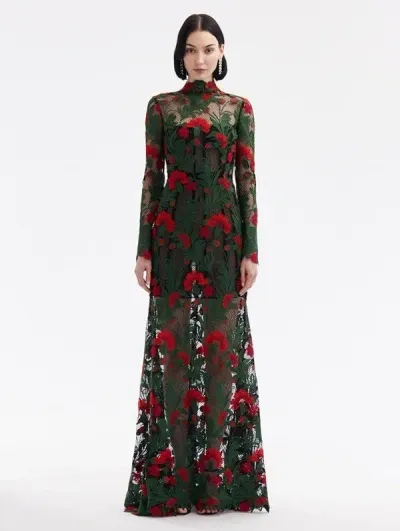 Oscar De La Renta Marbled Carnation Guipure Gown In Red/green/black