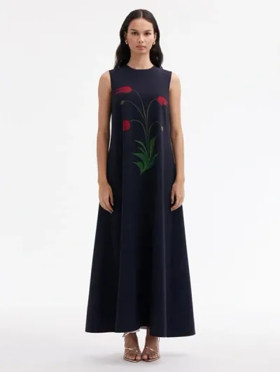 Oscar De La Renta Marbled Tulip Maxi Dress In Navy Red