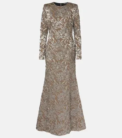 Oscar De La Renta Metallic Orchid Jacquard Gown In Brown