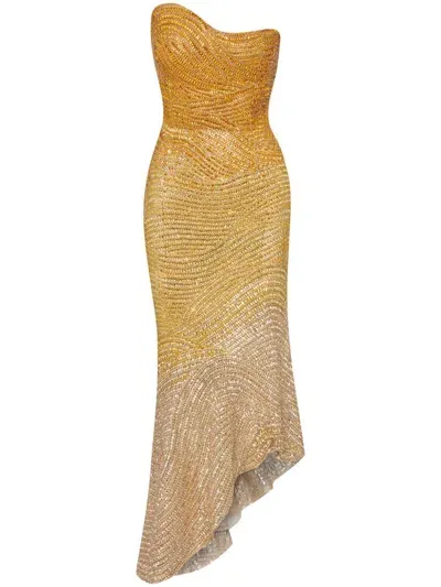 Oscar De La Renta Ombré Crystal-embroidered Cocktail Dress In Bronze