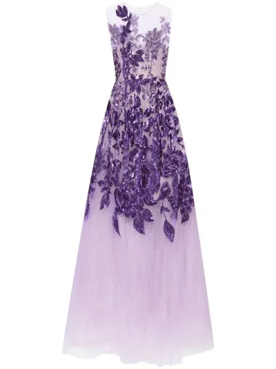 Oscar De La Renta Ombre Sequined Peony Tulle Gown In Purple