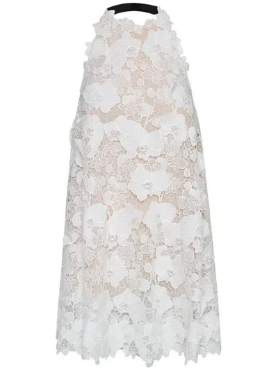 Oscar De La Renta Orchid Embroidered Guipure Dress In White