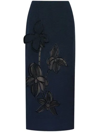 Oscar De La Renta Orchid Embroidered Tweed Skirt In Black