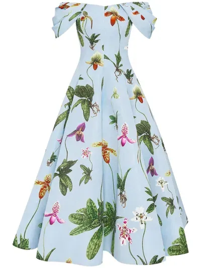 Oscar De La Renta Orchid Off-shoulder Faille Gown In Blue