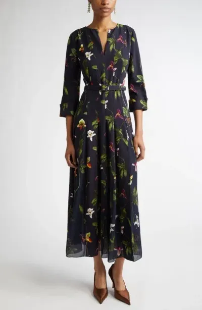 Oscar De La Renta Orchid Print Chiffon Inset Cady Dress In Brown