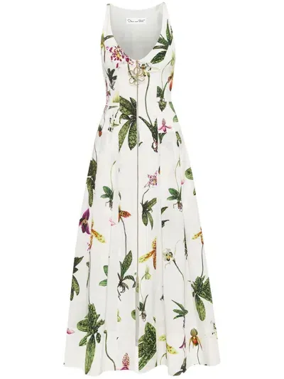 Oscar De La Renta Orchid-print Cotton Maxi Dress In White