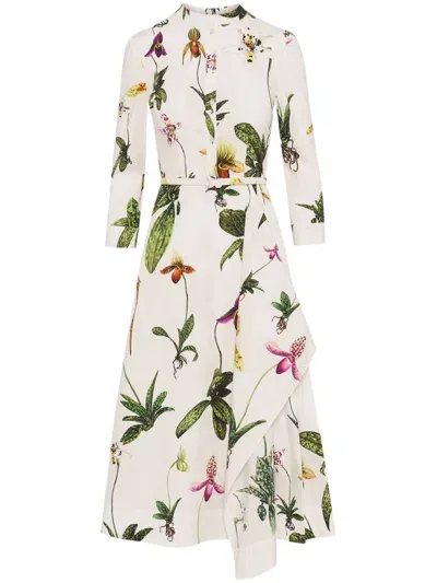 Oscar De La Renta Orchid-print Cotton Midi Dress In White