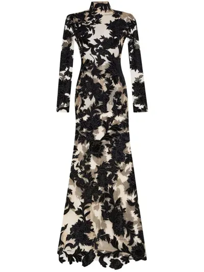 Oscar De La Renta Peony Velvet Guipure Gown In Black