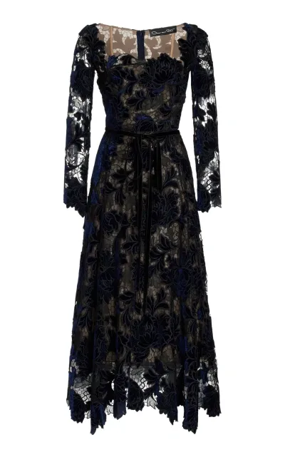 Oscar De La Renta Peony Velvet Guipure Midi Dress In Navy