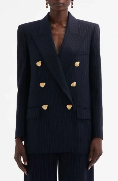 Oscar De La Renta Pinstripe Double Breasted Stretch Wool Blazer In Navy/white