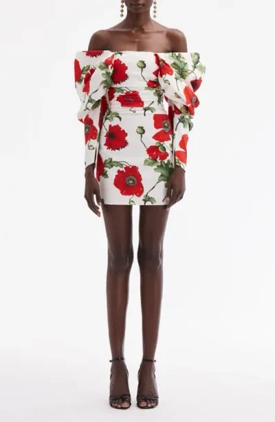 Oscar De La Renta Poppies Off The Shoulder Long Sleeve Minidress In White Red