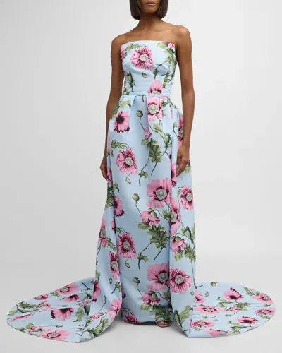 Oscar De La Renta Poppies Print Faille Gown With Draped Train In Light Bluepink