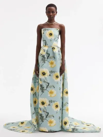 Oscar De La Renta Poppy Column Gown With Bustle In Sage Yellow