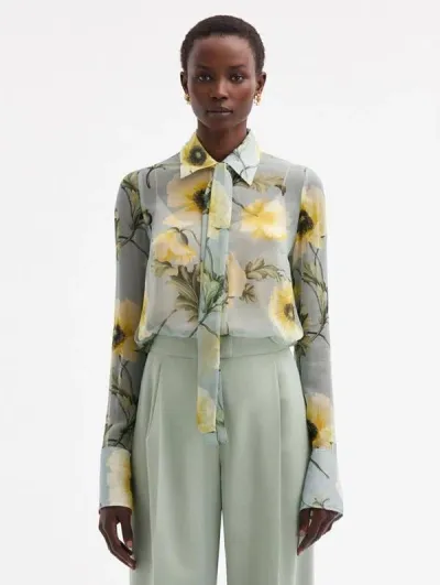 Oscar De La Renta Poppy Tie-neck Chiffon Blouse In Sage/yellow