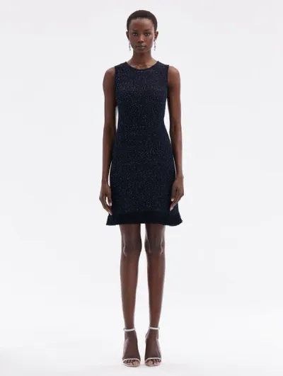 Oscar De La Renta Sequin Tweed Dress In Navy