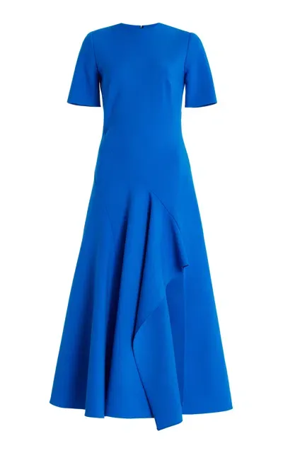 Oscar De La Renta Short Sleeve  Wave Detail  Stretch Wool Dress In Blue