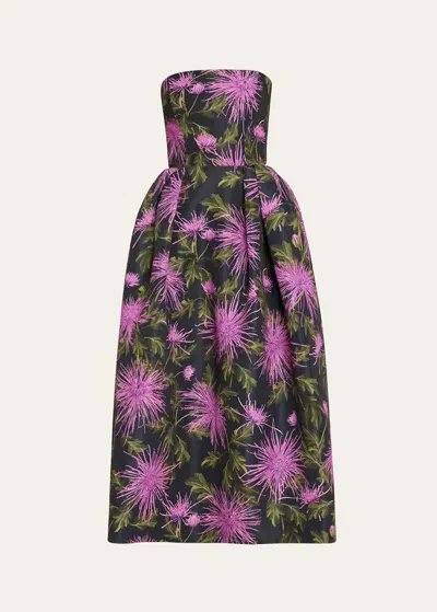 Oscar De La Renta Strapless Chrysanthemum Faille Printed Gown In Purple/navy