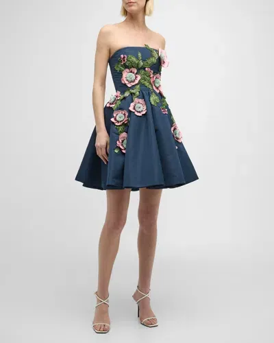 Oscar De La Renta Strapless Hibiscus Embroidered Faille Mini Dress In Navy