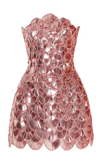 Oscar De La Renta Strapless Sequin Scallop Cocktail Dress In Pink