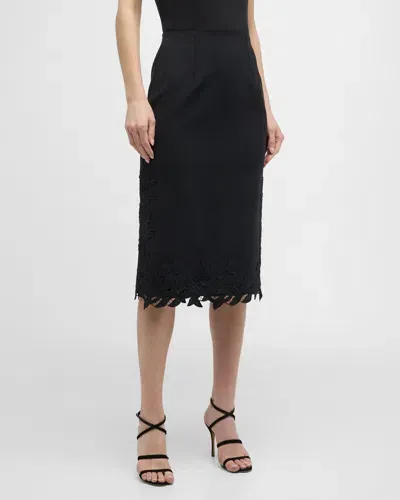 Oscar De La Renta Stretch Wool Pencil Skirt With Marbled Carnation Guipure Detail In Black