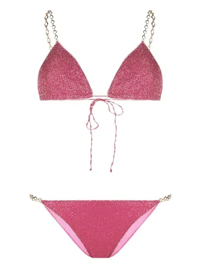 Oseree Chain-link Detail Lurex Bikini In Pink