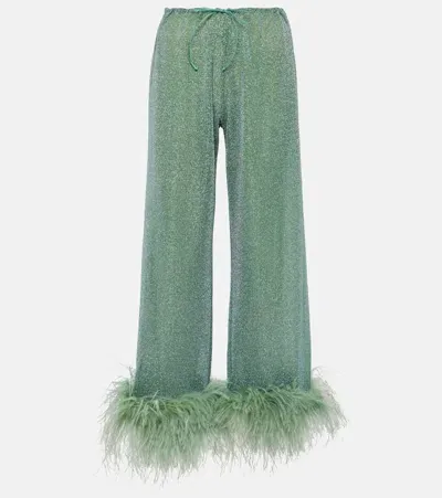 Oseree Oséree Lumière Plumage Feather-trimmed Lamé Pants In Light Blue