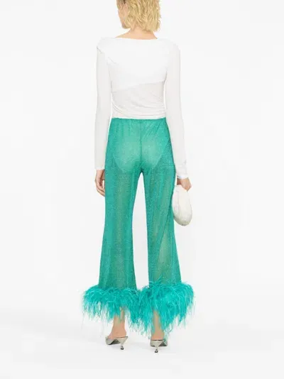 Oseree Feather-trim Metallic Trousers In Green