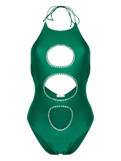 Oseree Gem-embellished Cut-out Swimsuit In Green