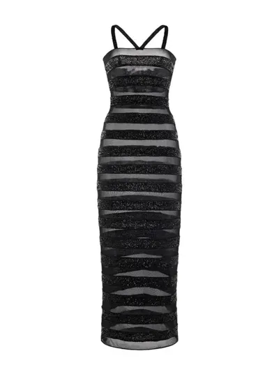 Oseree Sequin-embellished Striped Maxi Dress In Black