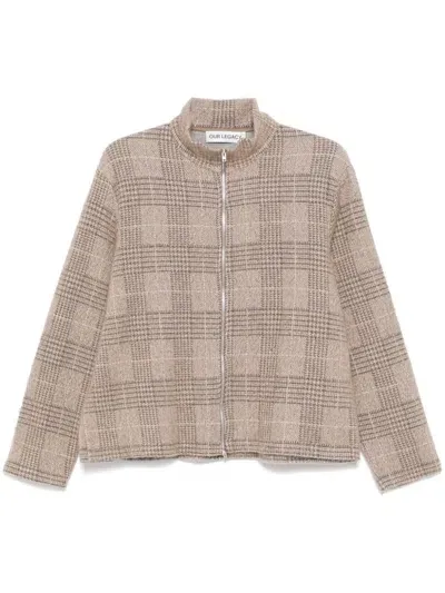 Our Legacy Checkered Zipped Cardigan In Beige Hound Check