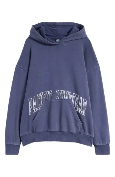 Pacsun Embroidered Logo Cotton French Terry Hoodie In Washed Navy