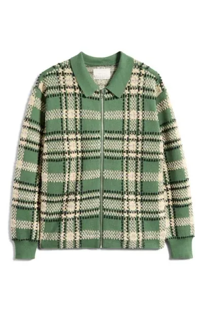 Pacsun Plaid Zip Cardigan In Deep Grass Green