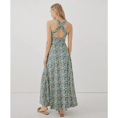 Pact Organic Fit & Flare Open Back Maxi Dress In Shadow Floral Spruce