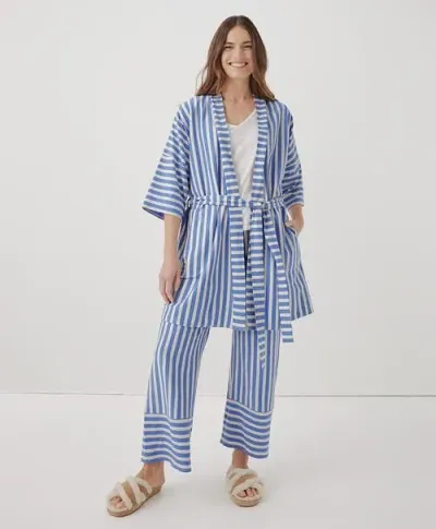 Pact Organic Staycation Short Robe In Hideaway Stripe Wedgewood