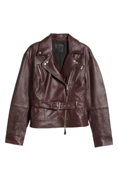 Paige Cento Belted Leather Moto Jacket In Dark Oxblood