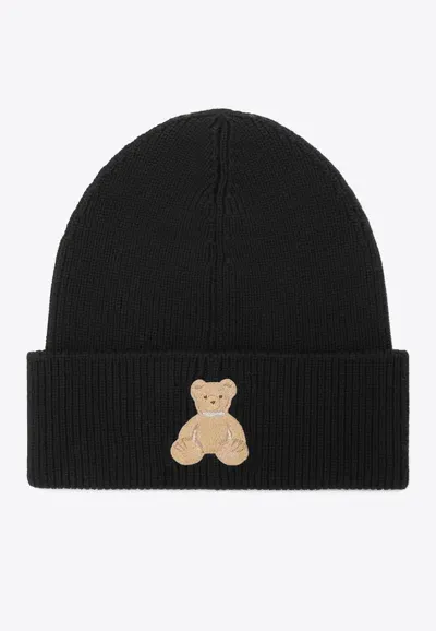 Palm Angels Bear Patch Knitted Beanie In Black