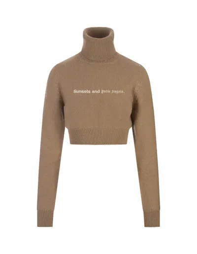 Palm Angels Beige Crop Turtleneck With Slogan In Brown