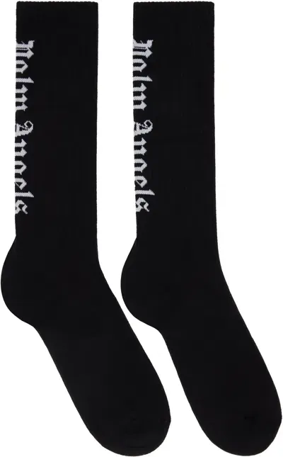 Palm Angels Black Gothic Logo Socks In Black Off White