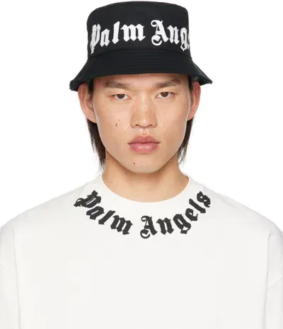 Palm Angels Black Logo Bucket Hat In Black Off White